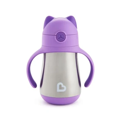 Image of Munchkin Stainless Steel Straw Cup, Cool Cat Design, Insulated Double Walled Beaker for Kids, Toddler Sippy Cup Babies 18+ Months, Drinking Bottle with Straw, Hot/Cold Drinks Purple (8oz/237ml)
