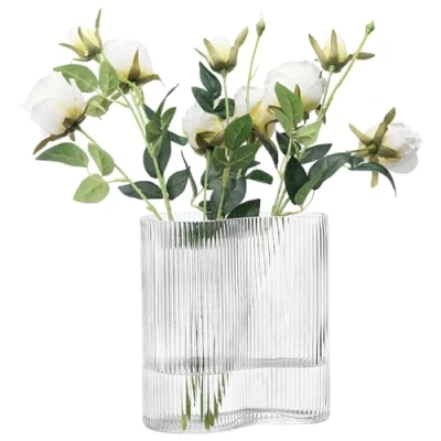 Image of Navaris Glass Flower Vase Clear Ribbed Tall for Flowers and Pampas Grass Large Modern Decorative Vases 18.5 x 12 20 cm (7.3 4.7 7.9 in) Wavy