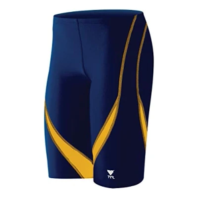 Image of TYR Men&#039;s Alliance Splice Jammer Swimsuit Swim Trunks, Navy/Gold, 26