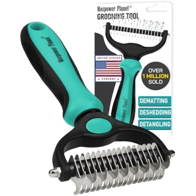 Image of Maxpower Planet Dog Brush Double Sided Deshedding Dematting Tool Undercoat Rake Dog, Cat Brushes Shedding Hair Grooming Long Haired Cats Brush, Turquoise