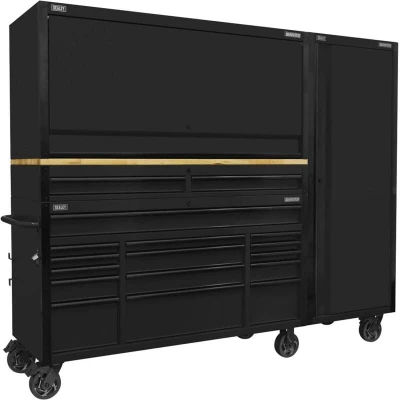 Image of Superline Pro Black Edition Mobile Trolley with Wooden Worktop 15 Drawer, Hutch, 2 Drawer Riser &amp; Side Locker 1549mm