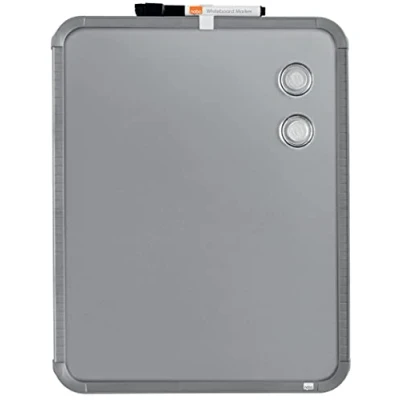 Image of Nobo Mini Magnetic Whiteboard With Slim Silver Frame, Portable, Wall Mountable, Portrait Or Landscape, Integrated Hand Grips &amp; Pen Clip, 360 x 280 mm, QB05442CD