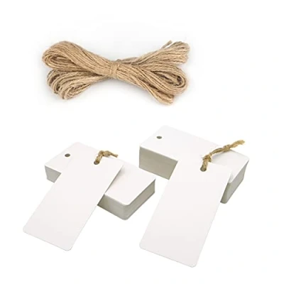 Image of jijAcraft 100PCS White Paper Tags, 9X4.5CM Kraft Gift Tags for Crafts Rectangle Blank Hang with 20M Jute Twine