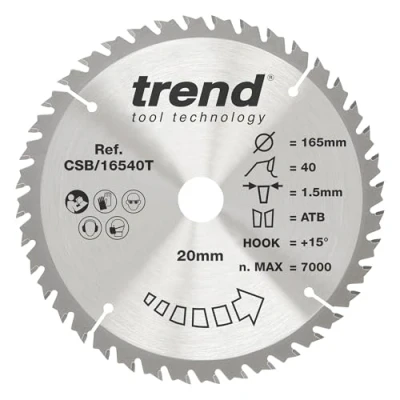 Image of Trend Wood Cordless Circular Saw Blade, 165mm Diameter, 20mm Bore, 40 Teeth, TCT, 1.5mm Kerf, +15 Hook, CSB/16540T