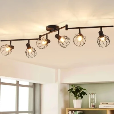 Image of ANWIO Kitchen Spot Lights Ceiling,6 Way Black Lounge Industrial Wall Adjustable SpotLights Ceiling Wire Cage with E14 Base,Light Fittings Ceilings for Living Room(EUC EA190813)