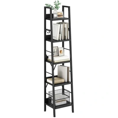 Image of YITAHOME Bookcase 5 Tiers, Industrial Ladder Shelf Floorstanding Book Wooden Shelves and Metal Frame Rack Modern Shelving Unit for Living Room, Hallway, Office, Black Bookshelf