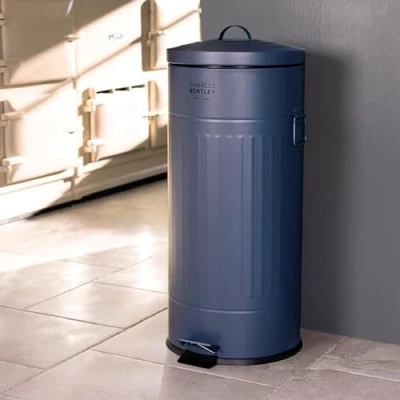 Image of CHARLES BENTLEY Kitchen Bin, 30 Litre, Steel, Round, Retro Style, Pedal Waste Dark Blue, Contemporary, Aesthetic, Convenient, Side And Lid Handles, Inner Bucket, Easy Emptying (68.5x29cm)