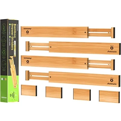 Image of ANTOWIN Bamboo Drawer Dividers Organizers, Separators Splitter, 43 56 cm Long Adjustable Spring loaded Organizer for Large Utensil, Clothes, Tools Drawers