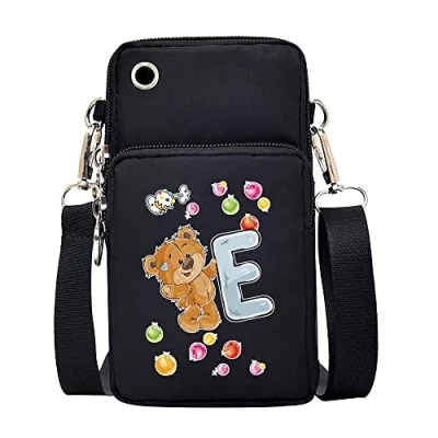 Image of FINDING CASE initial letter Printed Women Girls men Zipper Waterproof Nylon 3 Layers Crossbody Bags Wallet Cellphone Purse Shoulder Bag Wristlet Handbags Adjustable Strap (Bear E)