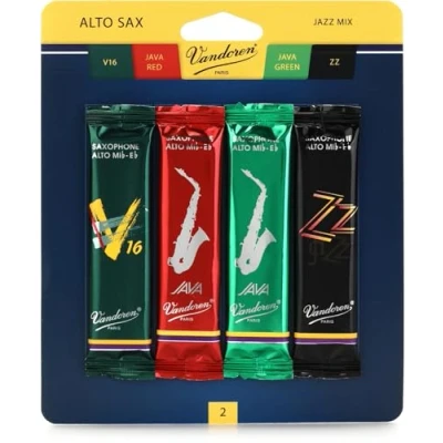 Image of Vandoren SRMIXA2 Alto Sax Jazz Reed Mix Card includes 1 each ZZ, V16, JAVA and Red Strength 2