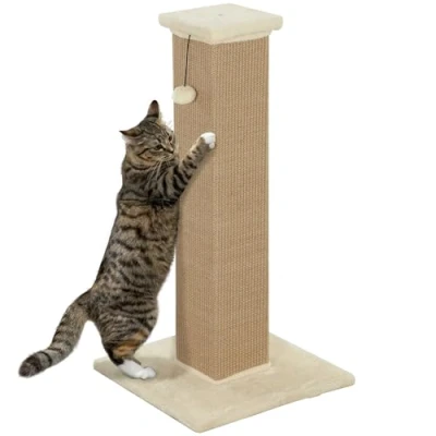 Image of PawHut Cat Scratching Post for Indoor Cats, 81cm Scratcher, Vertical Full Scratcher with Natural Jute Rope, Hanging Ball and Soft Plush, Beige