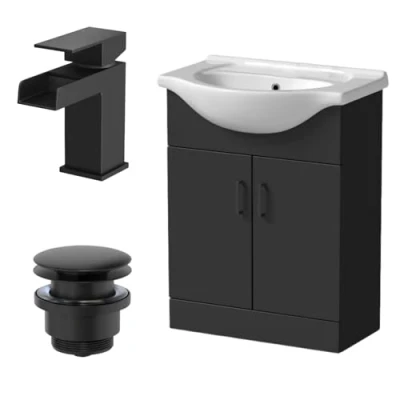 Image of Affine® 650mm Bathroom Vanity Unit Ceramic Sink Floorstanding Storage Cabinet Cupboard &amp; Black Waterfall Basin Tap Waste Set, Matt