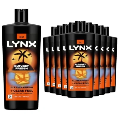 Image of Lynx XXL Body Wash Multipack Sunset Fresh 3 in 1 Men&#039;s Shower Gel for Hair, Face &amp; 12H Sweat and Odour Protection Energising Mango Mandarin Scent 700ml, 10 Pack