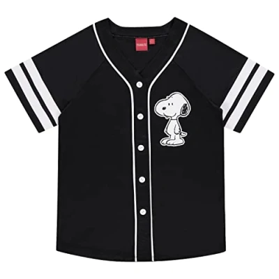 Image of Peanuts Ladies Snoopy Baseball Jersey Charlie Brown, Woodstock, Linus Mesh Button Down Jersey, Black, XL