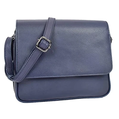 Image of Womens Leather Cross Body Bag Casual Flap over Organiser ASST Colours HOL324 (Navy)