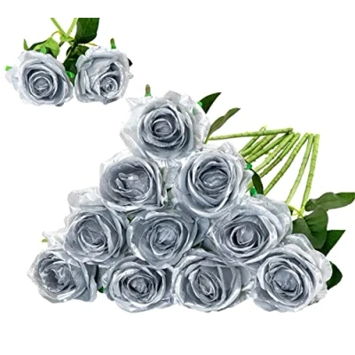 Image of Floralsecret 12 Pcs Artificial Silk Rose Flower Bouquet Faux Flowers Home Wedding Party Decor(Silver)