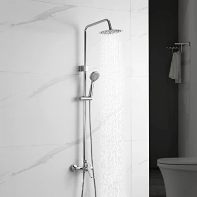 Image of Ibergrif M17059 Shower Column System with Tap, Riser Rail Kit, Brass Mixer Set 3 Functions Handheld Shower, Rainfall Head and Hose Set, Silver Chrome