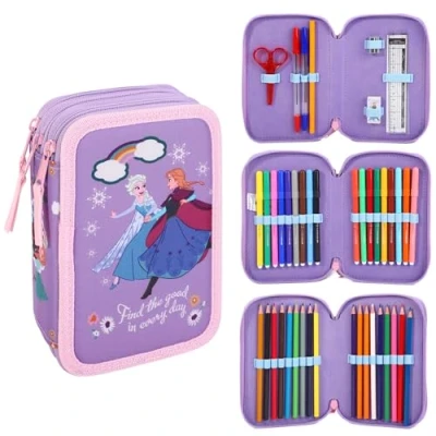 Image of Disney Frozen 3 Tier Large Pencil Case Multi Compartment School Supplies Stationery Colouring Pens Pencils Sets