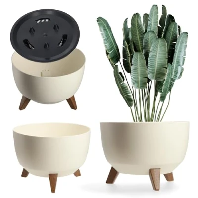 Image of KADAX Elevated Plant Pot, Large Plastic Planter with Legs for Indoor and Outdoor Use, Durable Round Houseplants (⌀ 47 cm, Cream)