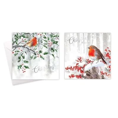 Image of Tallon Festive Wonderland Square Xmas Christmas Cards, Box of 10, Assorted Designs (XCA0205 Robin)