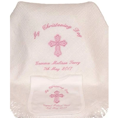 Image of Baby’s Personalised Christening/Baptism/Naming Day Guardian Cross Shawl &amp; Bib Set (Pink)