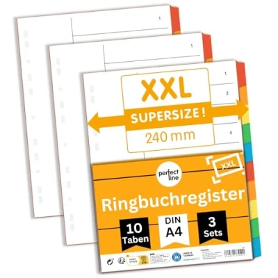 Image of perfect line XXL File dividers A4, Folder for Lever Arch Files, 10 Piece, Extra Wide, Set of 3, Cardboard, Made in Germany