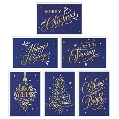 Image of Hallmark Boxed Christmas Cards Assortment, Blue and Gold Holidays (6 Designs, 72 with Envelopes)
