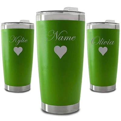 Image of Personalised Engraved 500ml Green Travel Cup with Name and Heart Design, Personalise Any