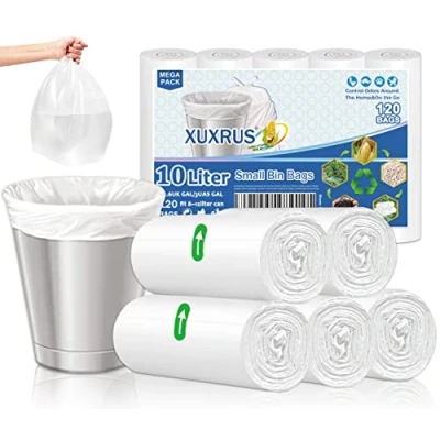 Image of XUXRUS 10 Liter Bin Bags Small Pedal Liners, 120 Count Waste Strong Rubbish for Bathroom, Home, Kitchen (White)