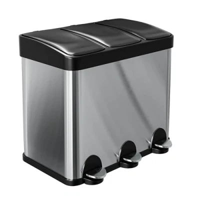 Image of Amig Triple Pedal Bin 45 litres 3 Removable 15 Litre Compartments Kitchen Recycling Stainless Steel 60 x 37 49 cm Silver