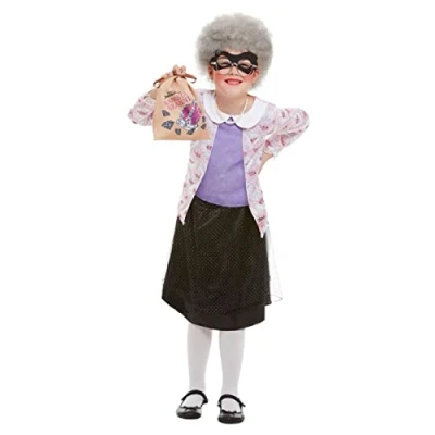 Image of Smiffys David Walliams Deluxe Gangsta Granny Costume, Purp with Top, Skirt, Wig, Eyemask, Bag, Pearl Necklace, Officially Licensed Fancy Dress, Child Dress Up Costumes
