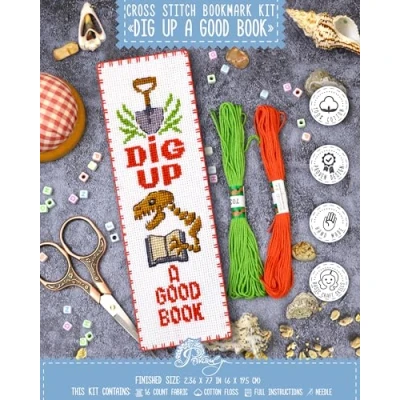 Image of Povitrulya Counted Cross Stitch kit Dig Up A Good Book Embroidery Set for DIY Bookmark with 16 Count Blank Aida Fabric, Paper Pattern and presorted Floss