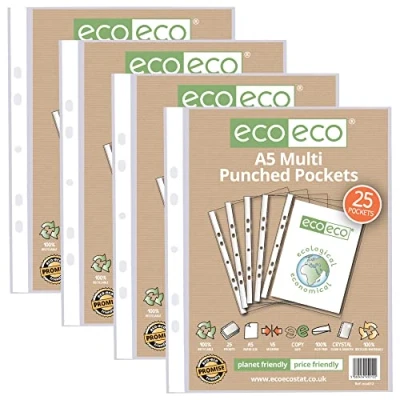 Image of eco A5 100% Recycled Multi Punched Pockets Glass Clear, Transparent Poly Wallet Sheet Protector, 45 Microns (100 Pockets), eco012x4