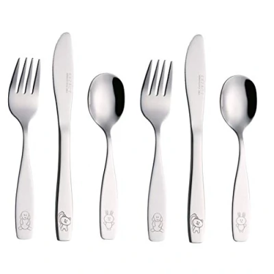 Image of Exzact Children&#039;s Cutlery Stainless Steel 6pcs Set/Kids Cutlery/Toddler Utensils/Flatware 2 x Forks, Safe Dinner Knives, Spoons Engraved Dog Cat Bunny Design, WF850