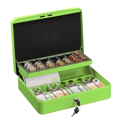 Image of Relaxdays Cash Box, Coin Counter Tray Lockable Portable Change &amp; Notes, H x W D: 8.5 30.5 24.5 cm, Iron, Green