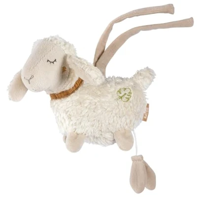 Image of Fehn Mini music box in the shape of a natural sheep, cuddly toy and sleep aid with controlled organic cotton (kbA) melody &quot;Lullaby Brahms&quot;, for babies toddlers to