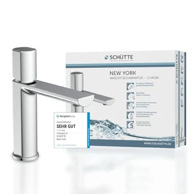 Image of Schütte New York 33610 Washbasin Mixer Tap with Drain Fitting, Pop Up Valve, Bathroom Tap, Single Lever Bathroom, Chrome