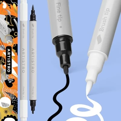Image of ARTISTRO Set of 2 Acrylic Paint Pens Dual Tip Brush + Fine White+Black