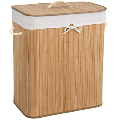 Image of TecTake Laundry basket bag bamboo folding with lid &amp; cotton different models (100L natural no. 401834)