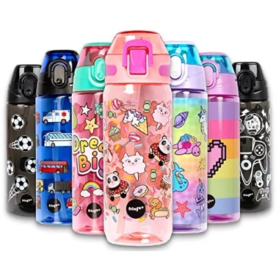 Image of Fringoo 600ml Kids Water Bottle with Straw &amp; Fliptop Lock 100% Leakproof BPA Free for School Animal Treats