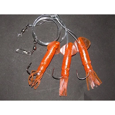 Image of SUPER CATCH GLITTER ORANGE SQUID RIG LURE 3 x 6/0 HOOK BOAT WRECK COD SEA FISHING LINE CLIP