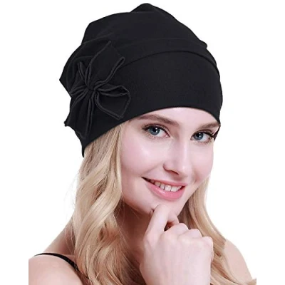 Image of osvyo Cotton Chemo Turbans Headwear Beanie Hat Cap for Women Cancer Patient Hairloss Black