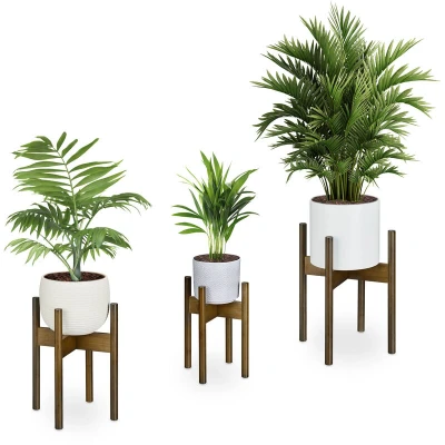Image of Relaxdays Plant Stand, Set of 3, Bamboo, Indoor Flowerpot Holder, up to Ø: 20 / 25 29 cm, Home Decor, Brown