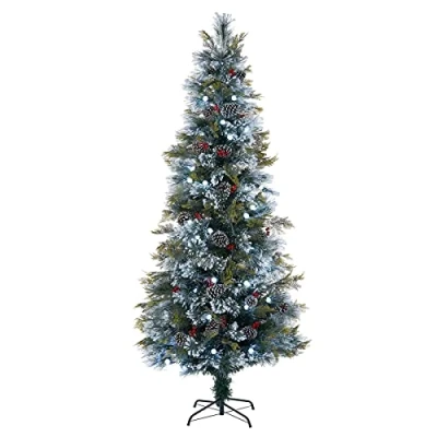 Image of WeRChristmas Pre Lit Flocked Pinecone &amp; Berries Fibre Optic Christmas Tree, White LED Lights, 7 ft / 210 cm