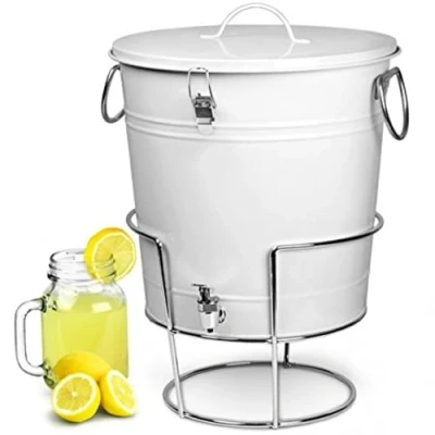 Image of White Enamel Bucket Large Drinks Dispenser with Stand 17.5ltr