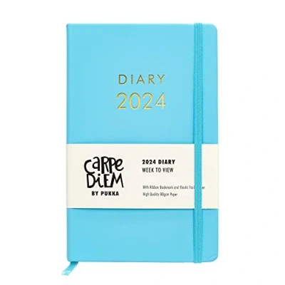 Image of Pukka Pad, Carpe Diem 2024 Soft Cover Diary, 80GSM Paper with Monthly Calendar and Weekly Views, Includes Notes, Goals, To Do Wish Lists Ribbon Bookmark, Elasticated Closure Blue
