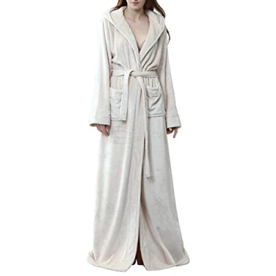 Image of Ladies Fleece Dressing Gown Hooded Soft Cosy Housecoat Full Length Loungewear White L