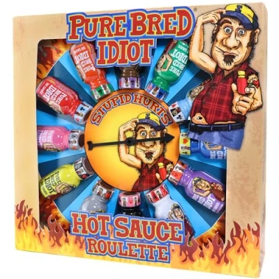 Image of Pure Bred Idiot Hot Sauce Roulette Game 12 0.75 Ounce Bottles Gift Set Perfect Premium Gourmet Gag Gifts for Men Spicy Challenge Sampler