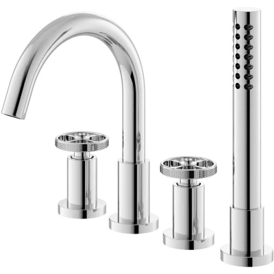 Image of Hudson Reed TIW334 Revolution ǀ Modern Bathroom Industrial Inspired 4 Tap Hole Bath Shower Mixer with Two Round Handles, Swivel Spout, Kit and Hose Retainer, 236mm x 345mm, Chrome