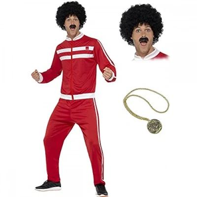 Image of Scouser Tracksuit + Wig &amp; Tash Gold Medallion : Mens Fancy Dress Sports 1980s Adults 80s Costume (L (42 44&quot;))
